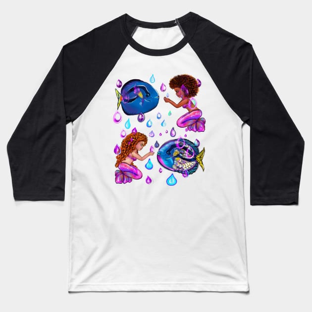 Best fishing gifts for fish lovers 2022. anime mermaid with blue tang fish and rain drops. Cute black  and white girls with Afro hair, green eyes, Cherry pink lips and dark brown skin. Hair love ! Baseball T-Shirt by Artonmytee